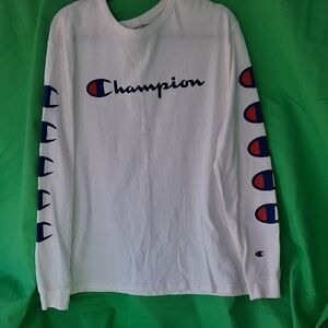 Champion White Long Sleeve Tee with Navy & Red Logos